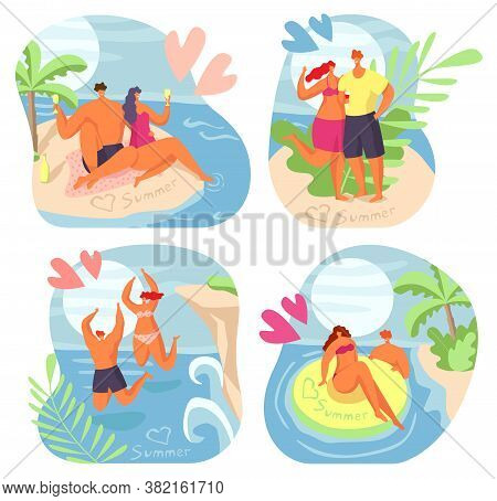Love Couple At Summer, Man Woman In Sea Water Vector Illustration. People Chracater Have Holiday At 