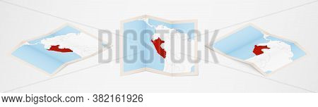 Folded Map Of Peru In Three Different Versions. Vector Map Of Peru.
