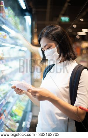 Asian Woman Wearing Protective Face Mask Prevention Virus And Pollution, Shopping Buying Foods At Su