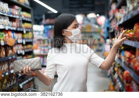Asian Woman Wearing Protective Face Mask Prevention Virus And Pollution, Shopping Buying Foods At Su