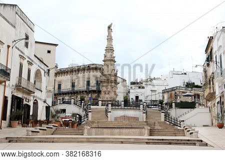 Ostuni, Italy - October 6, 2010: View Of The Square With The Column Of Sant'oronzo