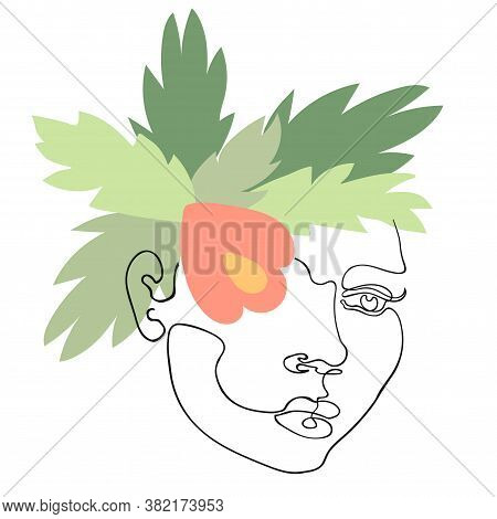 Vector Outline Illustration Of Woman Gace On Abstract Floral Background. One Line Drawing. Use It As