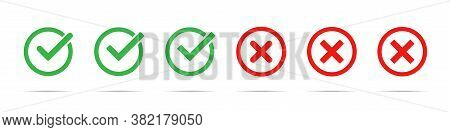 Green Check Mark And Red Cross Icon Set. Vector Isolated Elements. Tick Approved Symbol. Stock Vecto