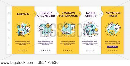 Skin Cancer Risk Factors Onboarding Vector Template. History Of Sunburns. Excessive Sun Exposure. Re