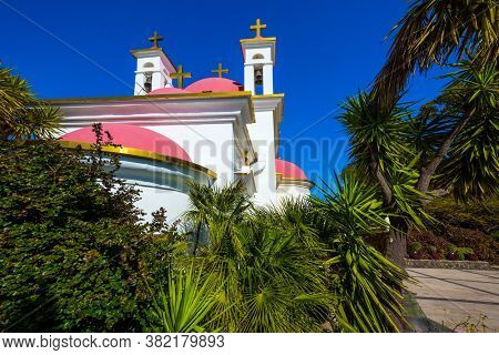 Capernaum, Lake Tiberias. Israel. Place of worship and pilgrimage. The Monastery of the Holy Twelve Apostles is monastery of the Jerusalem Orthodox Church. The concept of religious pilgrimage