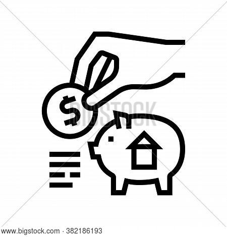 Put Money In Piggy Bank For Buy House Line Icon Vector. Put Money In Piggy Bank For Buy House Sign. 