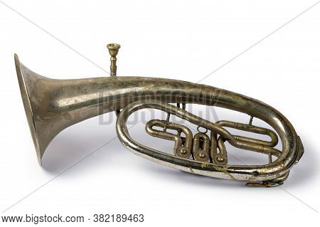 Old Vintage Tenor Horn On A White Background, Isolated
