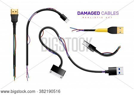 Set Of Isolated Usb Plug In Cables Damaged With Realistic Images Of Broken Wires And Connectors Vect