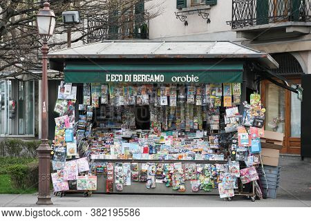 Bergamo, Italy - April 12, 2016: Newsstand In The City Of Bergamo, Italy