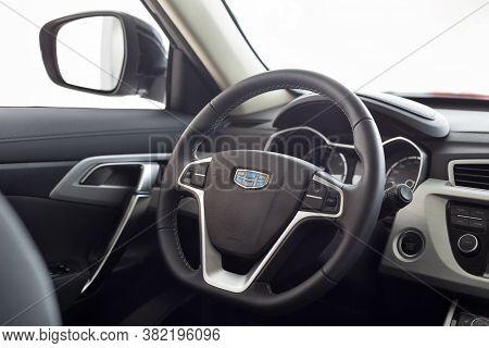 Russia, Izhevsk - August 14, 2020: Geely Showroom. Interior Of New Modern Car Geely Atlas In Dealer 