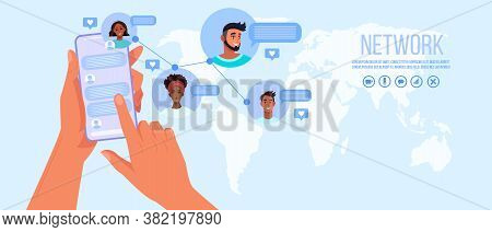Group Chat Or Online Conference Banner With Map Of The World, Human Hands Holding Smartphone,avatars