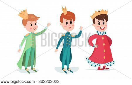 Smiling Little Prince With Golden Crown Wearing Carnival Suit Vector Illustration Set