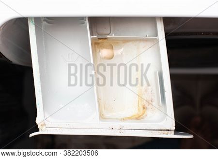 Dirty Powder Tray In The Washing Machine From Fungus And Moisture. Washing Machine Care And Cleanlin