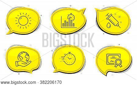 Timer Sign. Diploma Certificate, Save Planet Chat Bubbles. Medical Syringe, Report Timer And Sunny W