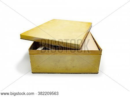 Old Dusty rectangular metal file container. Yellow  container box. With lid open.  