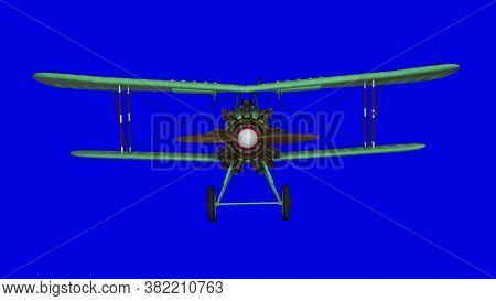 Old Propeller Biplane Airplane. Front View. Blue Screen Background. 3d Rendering
