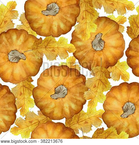Watercolor Hand Drawn Seamless Pattern Orange Pumpkin, October Fall Autumn Leaves Leaf. Forest Wood 