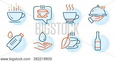 Water Bottle, Coffee Cup And Restaurant Food Signs. Water Care, Espresso And Coffee Line Icons Set. 