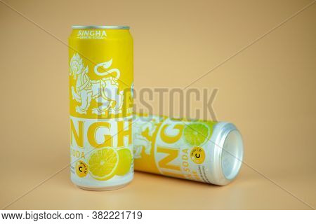 Samut Prakan, Thailand - August 24, 2020 : Canned Of Singha Lemon Soda No Sugar The New Products Fro