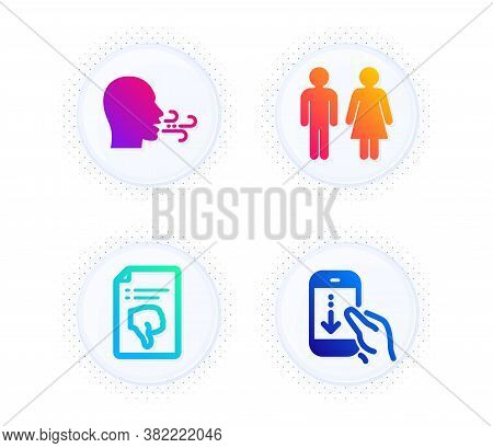 Restroom, Breathing Exercise And Thumb Down Icons Simple Set. Button With Halftone Dots. Scroll Down