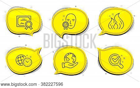 Fire Energy Sign. Diploma Certificate, Save Planet Chat Bubbles. Time Management, Chemistry Lab And 