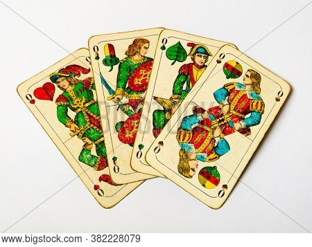 Bosnia And Herzegovina - April 18, 2020: Four Old Over Knave Cards From Deck Of Playing Cards With G