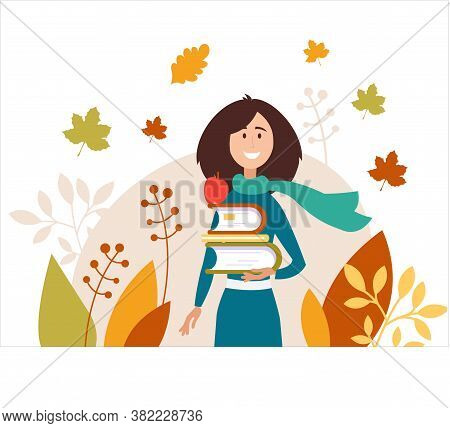 Happy girls in Autumn. Positive Student with book smiling. Beautiful Girl wearing  scarf on background of leaves. Trendy vector illustration for web, app, print.