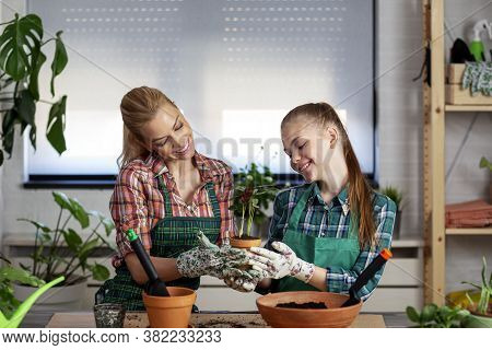Mum With Child Gardening With Pot And Baby Pland