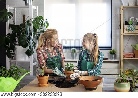 Mum With Child Gardening With Pot And Baby Pland