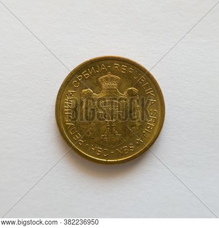 Bosnia And Herzegovina - April 27, 2020: The Back Of The Five Dinar Coin, The Rsd Symbol, The Curren