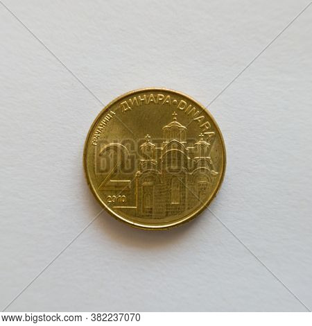 Bosnia And Herzegovina - April 27, 2020: The Front Of The Two Dinar Coin, The Rsd Symbol, The Curren