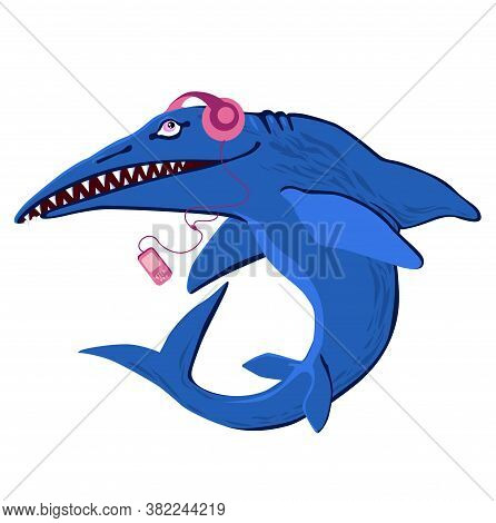 An Ichthyosaur Is Listening To Music With Headphones. An Aquatic Carnivorous Dinosaur. Cartoon Illus