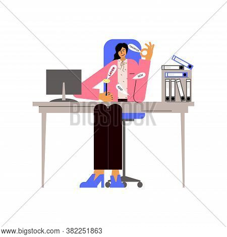 Procrastination And Delaying Working Tasks Concept. Woman Sitting In An Office. Later Is Always The 