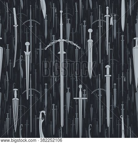 Seamless Pattern Of Evenly Spaced, Random Sized, Grayscale Swords Whith Brume Effect. Vector Illustr