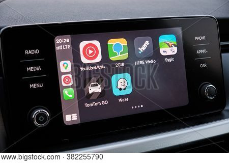 Apple Carplay Screen In The Car Dashboard. Youtube Music, Waze, 2gis, Here Wego, Sygic, Tomtom Go Lo