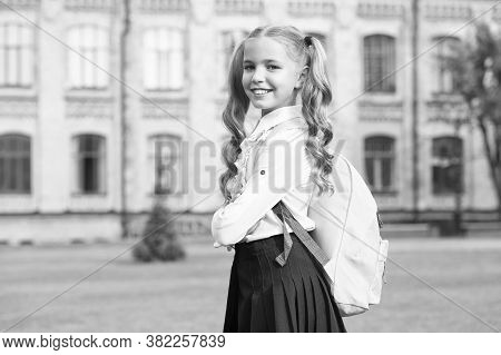 Back In September. Happy Child Go To School. Little Girl Wear School Uniform. September 1. Back To S