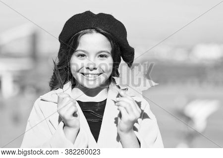 Time To Relax. Happy Small Girl. Autumn Kid Fashion. Child Maple Leaf. Kid In French Beret. Leaf Fal
