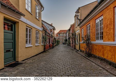 Ancient Picturesque Houses In A Cobblestone Lane An Early Morning In The Danish Town Faaborg, Denmar