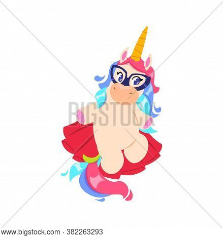 Fashion Unicorn. Isolated Little Pony With Rainbow Tail In Glasses And Red Skirt. Cartoon Fairytail 