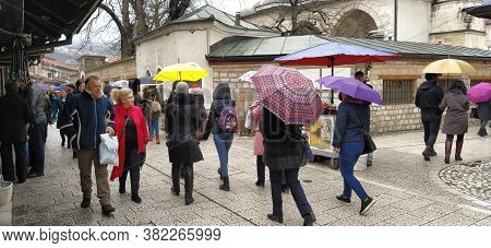 Sarajevo, Bosnia And Herzegovina, March 8, 2020. People On The Central Streets Of Sarajevo. Tourists