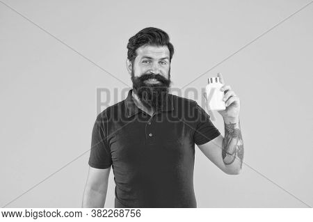 Healthy Lifestyle And People Concept. Food Supplements. Male Beauty Product In Jar. Brutal Bearded M