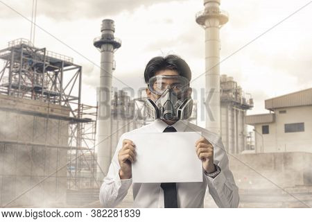 Portrait Man Wear Gas Mask He Appeal To Industrial Holding White Paper, People Appeal Industry Envir