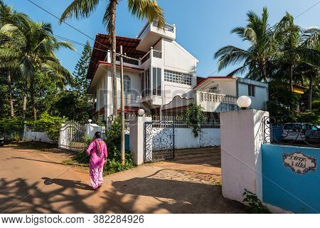 Candolim, North Goa, India - November 23, 2019: Street View Of Candolim At Sunny Day With Typical Re