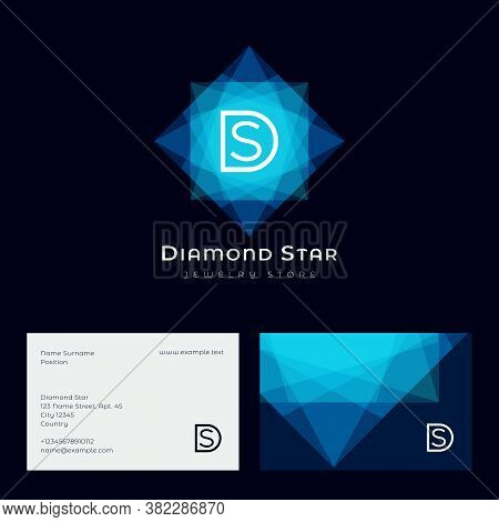 Diamond Star Logo. D, S Monogram And Crystal Like Star. Jewelry Store Logo. Faceted Gem Blue Crystal