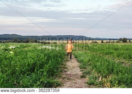 Little Curly Boy In Orange T-shirt Running In A Meadow, Sunset Light. Beautiful Landscape In Summer,
