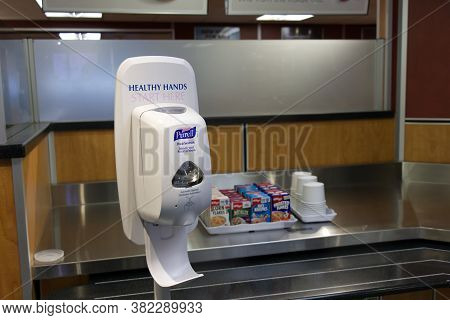 Vancouver, Canada - July 16, 2020: View Of Hand Sanitizer Available For Passengers On Bc Ferries Rou