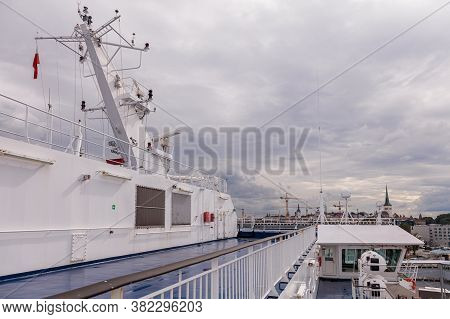 Tallinn, Harjumaa, Estonia, 02 July 2020 Viking Line Ferry, Open Deck Tables. High Quality Photo