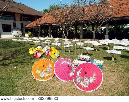 Bor Sang, Chiang Mai, Thailand, December 22, 2018: Parasols Drying In The Sun At Bor Sang Umbrella M