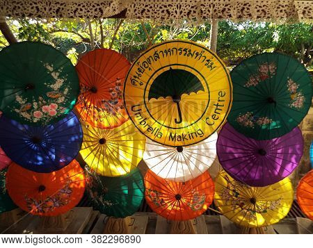 Bor Sang, Chiang Mai, Thailand, December 22, 2018: Parasols Displayed At Bor Sang Umbrella Making Ce