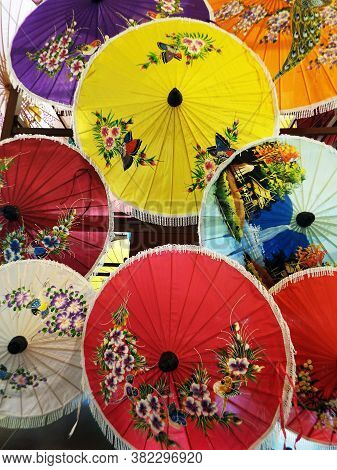 Bor Sang, Chiang Mai, Thailand, December 22, 2018: Umbrellas Of Different Colors Displayed At The Bo